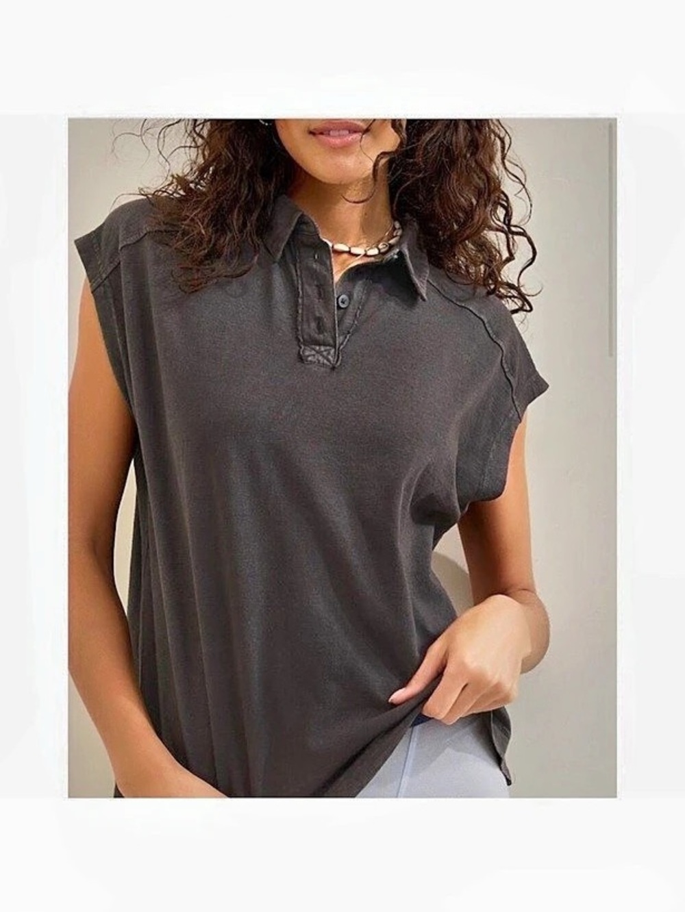 Aerie Happiest Oversized Polo T-Shirt Gray Small